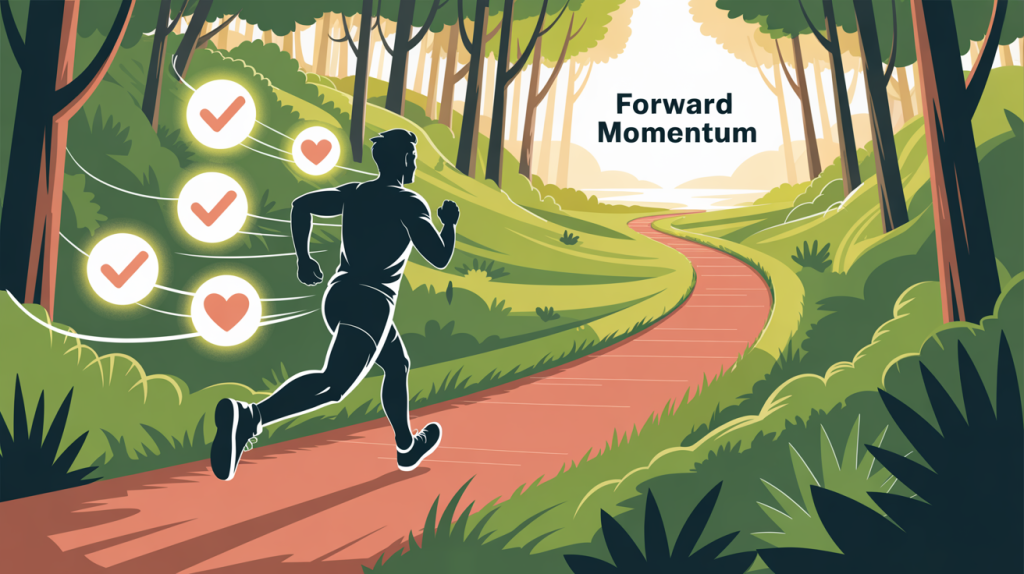 An illustration of a figure consistently running on a path, creating icons for checkmarks and hearts with each step, representing the power of consistency.