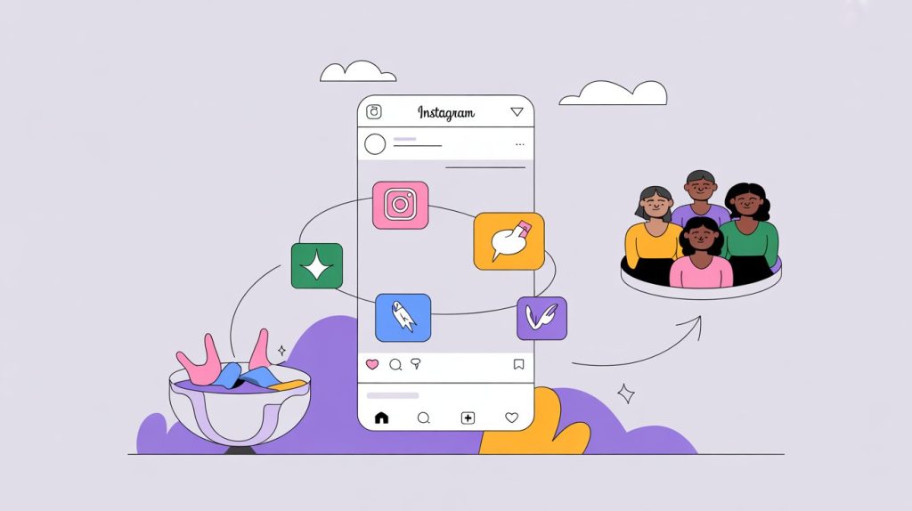 An illustration of a smartphone screen with an Instagram post and icons for various calls-to-action, with an arrow leading to an engaged community, representing the conversion of views to engagement.