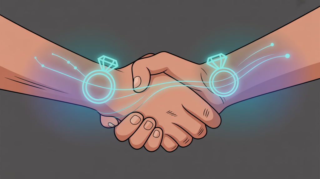 An illustration of two hands in a handshake with glowing lines and engagement icons flowing between them, representing the power of reciprocity.