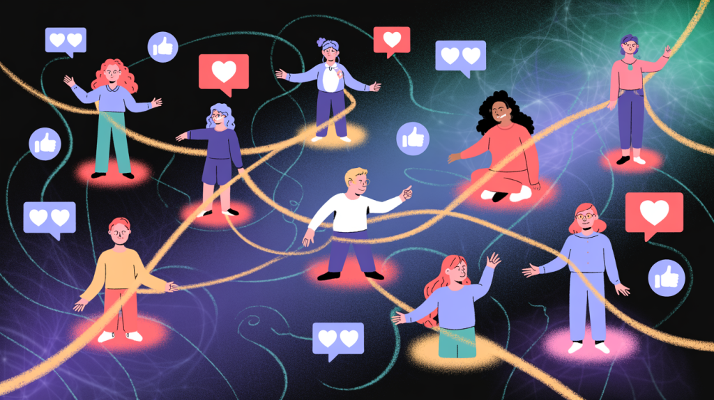 An illustration of a digital network with glowing lines flowing between figures, filled with engagement icons, representing the power of building relationships.