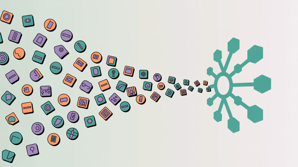 An illustration of a stream of repeating icons flowing into a larger community icon, representing the power of series content.