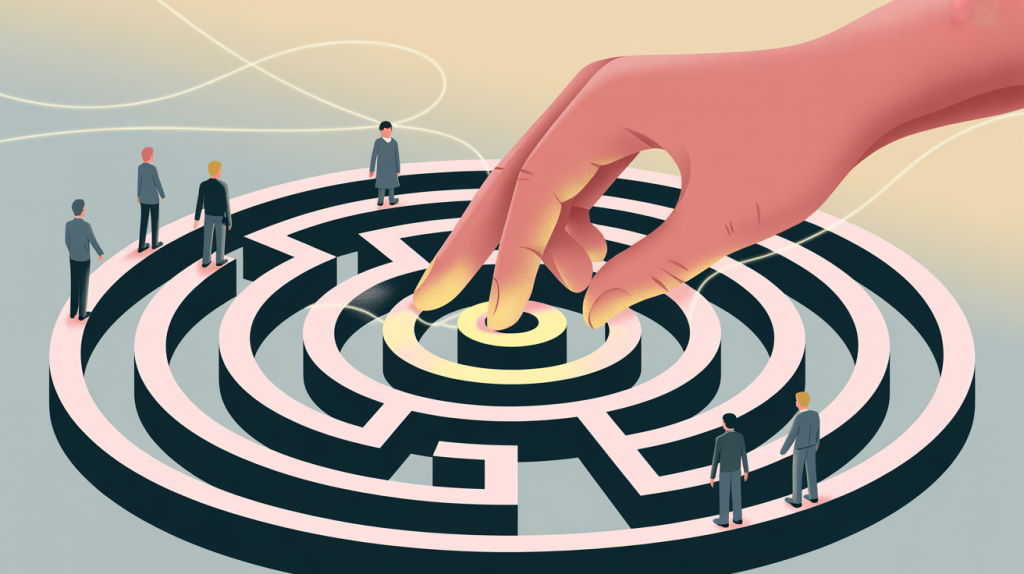 An illustration of a hand guiding figures through a maze, with icons for short paragraphs and bullet points, representing the power of simplifying content.