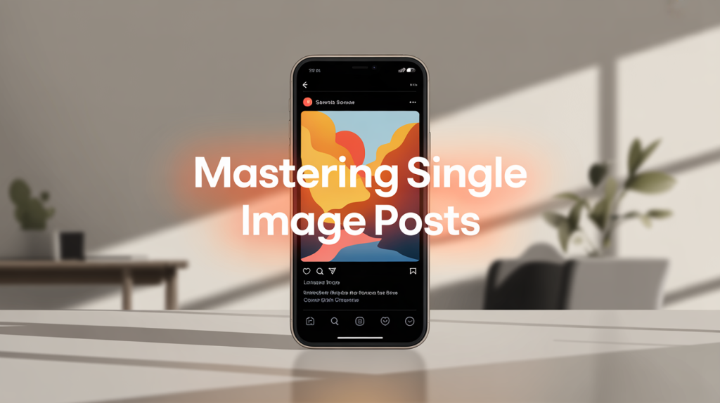 An illustration of a smartphone screen with a simple, well-designed image post and a glowing headline, representing mastering single image posts.