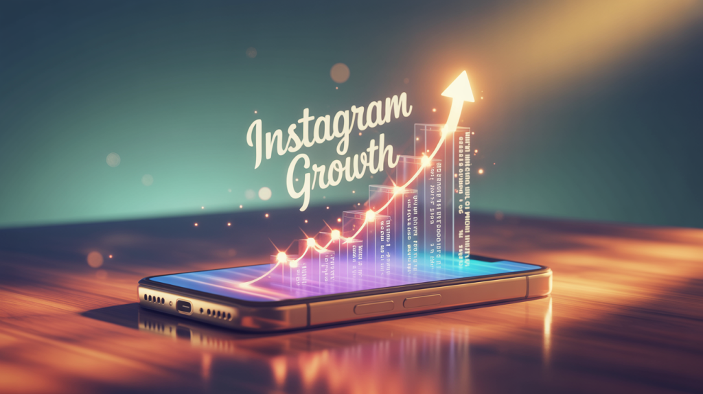An illustration of words flowing from a smartphone and transforming into a rising growth graph, representing the impact of words on Instagram growth.