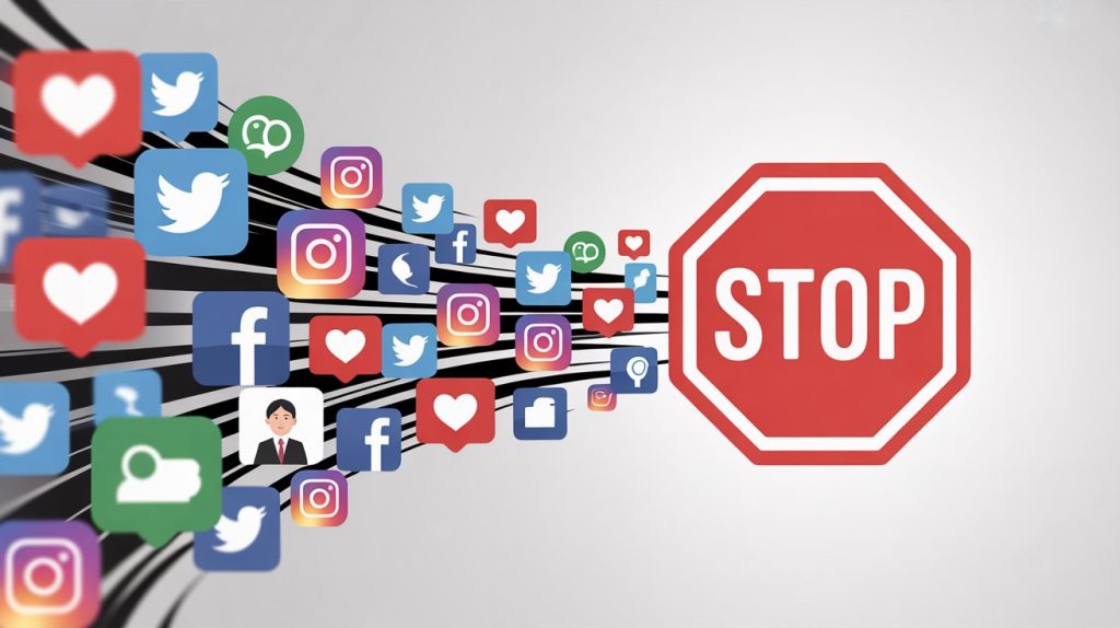 A blurred stream of social media icons represents a fast-scrolling feed, abruptly halted by a sharply focused, bold "STOP" sign, symbolizing a compelling hook.
