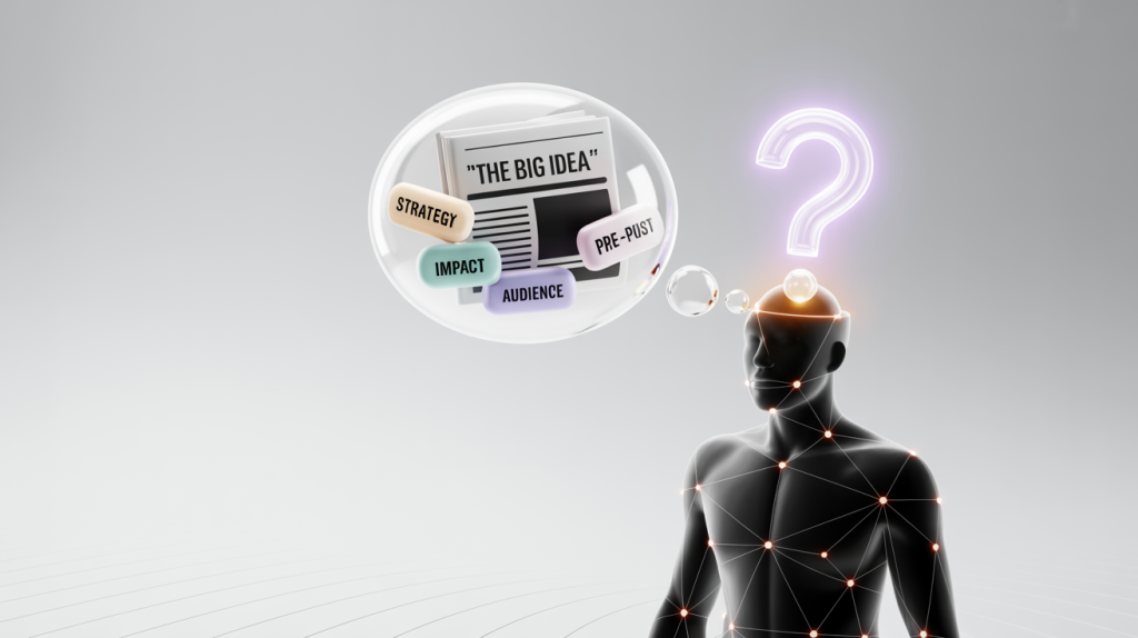 An illustration of a figure with a thought bubble showing icons for a headline, keywords, and a hook, representing the pre-post checklist.