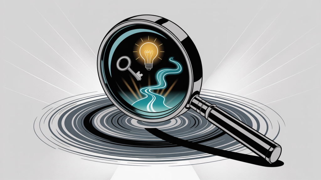 An illustration of a magnifying glass zooming in on a problem, with icons for a lightbulb and a key appearing, representing the act of highlighting a problem and providing a solution.
