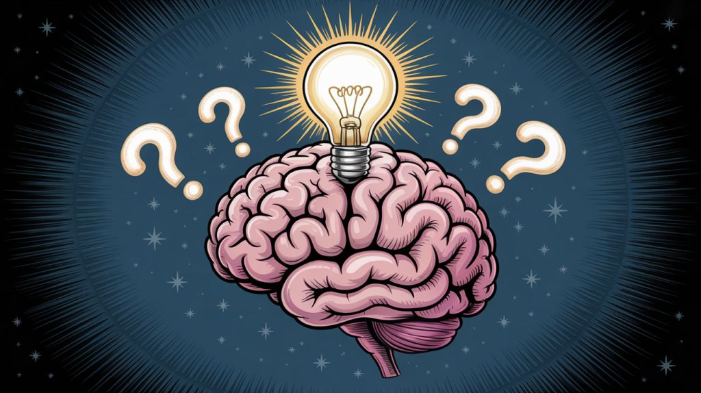 An illustration of a brain with question marks and a frustrated expression, with a glowing lightbulb emerging from it, representing problem-solving hooks.