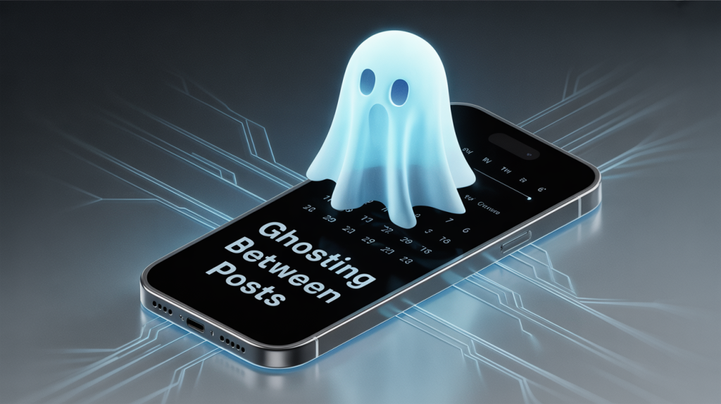 An illustration of a ghost icon hovering over a smartphone screen with a calendar showing empty days between posts, representing ghosting between posts.