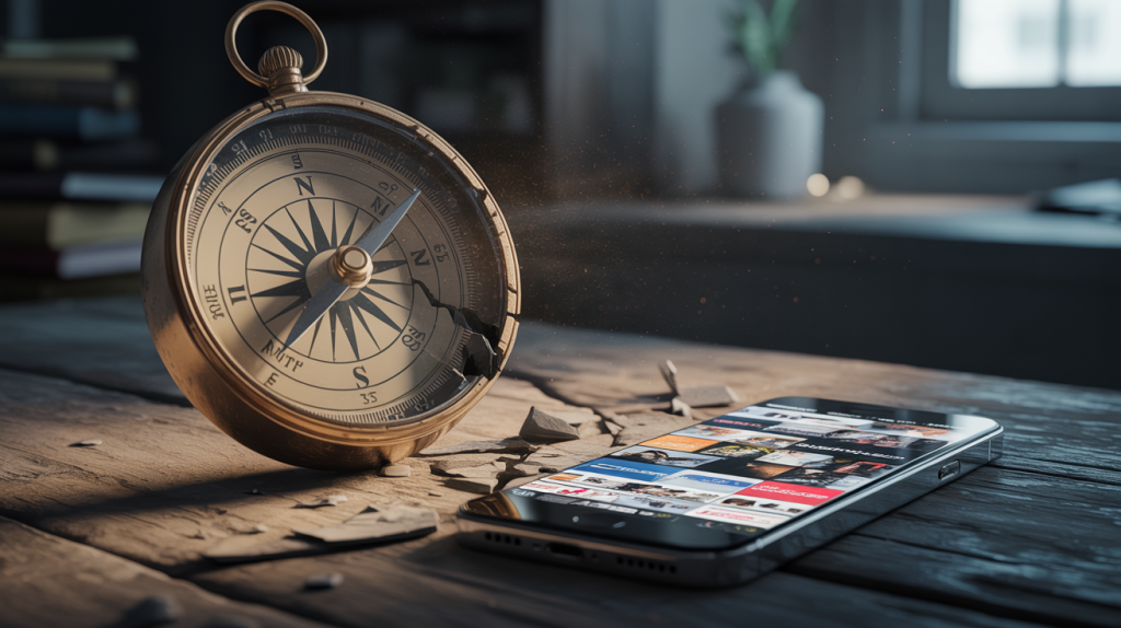 An illustration of a broken compass with a smartphone in the background showing a scattered content feed, representing a lack of brand positioning.