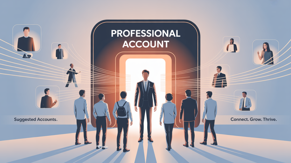 An illustration of a figure standing in front of a doorway with a "Professional Account" sign, with glowing lines flowing to icons for "Suggested Accounts," representing how to use these settings to get more followers.