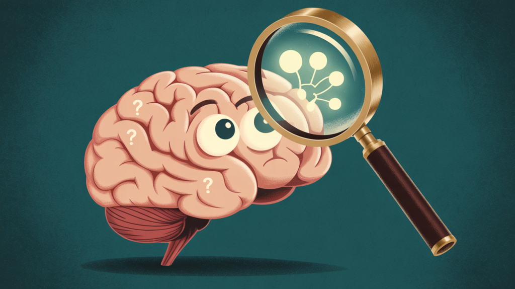 An illustration of a brain with a curious expression, with question marks and a magnifying glass, representing hooks that provoke curiosity.