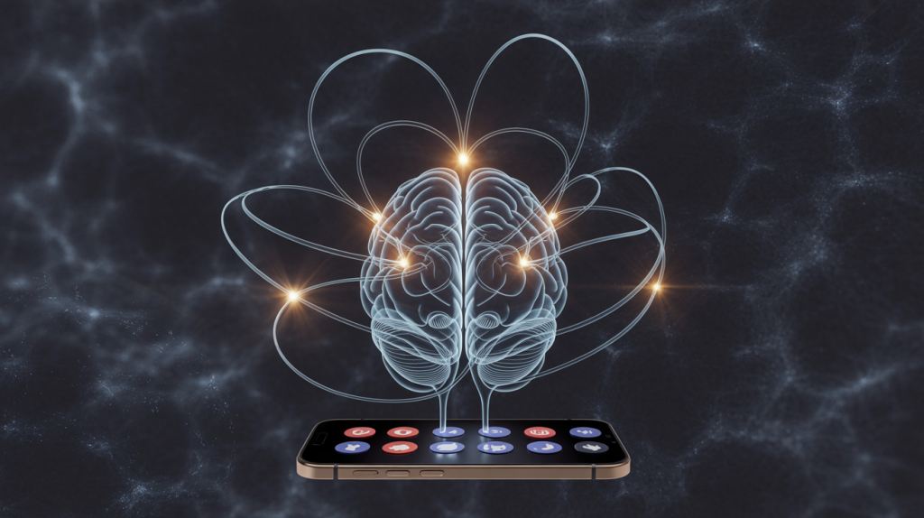 An illustration of a brain connected by glowing lines to a smartphone screen with icons for engagement and growth, representing the psychology of social media success.