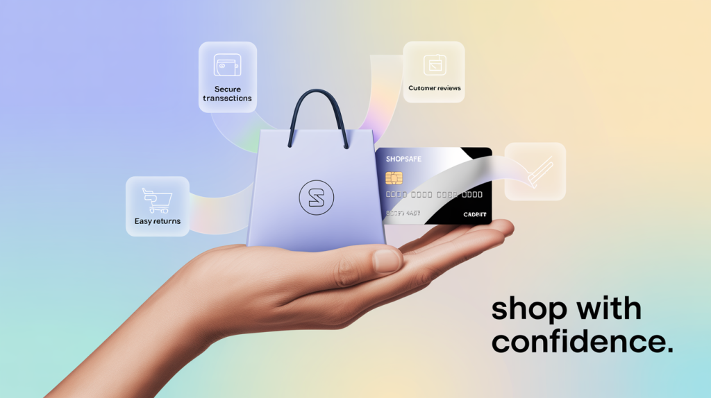 An illustration of a hand holding a shopping bag and a credit card, with icons for trust, social proof, and solutions, representing the psychology of a purchase.