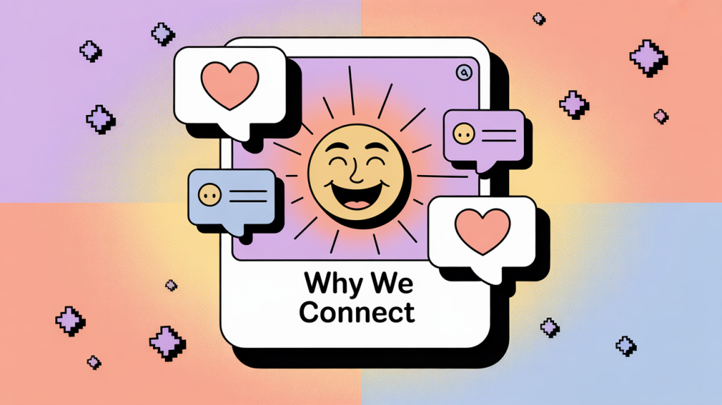 An illustration of a social media post with a heart and comment icons, connected to an emotional face icon, representing why people engage with content.