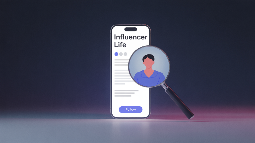 An illustration of a smartphone screen with a highlighted bio and a glowing follow button, with a magnifying glass hovering over it, representing the psychology of why people follow.