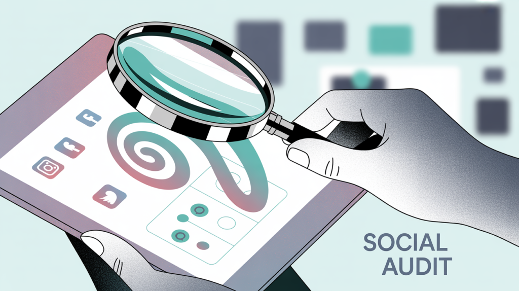 An illustration of a hand holding a magnifying glass over a digital screen with icons and data points, representing the process of a social media audit.