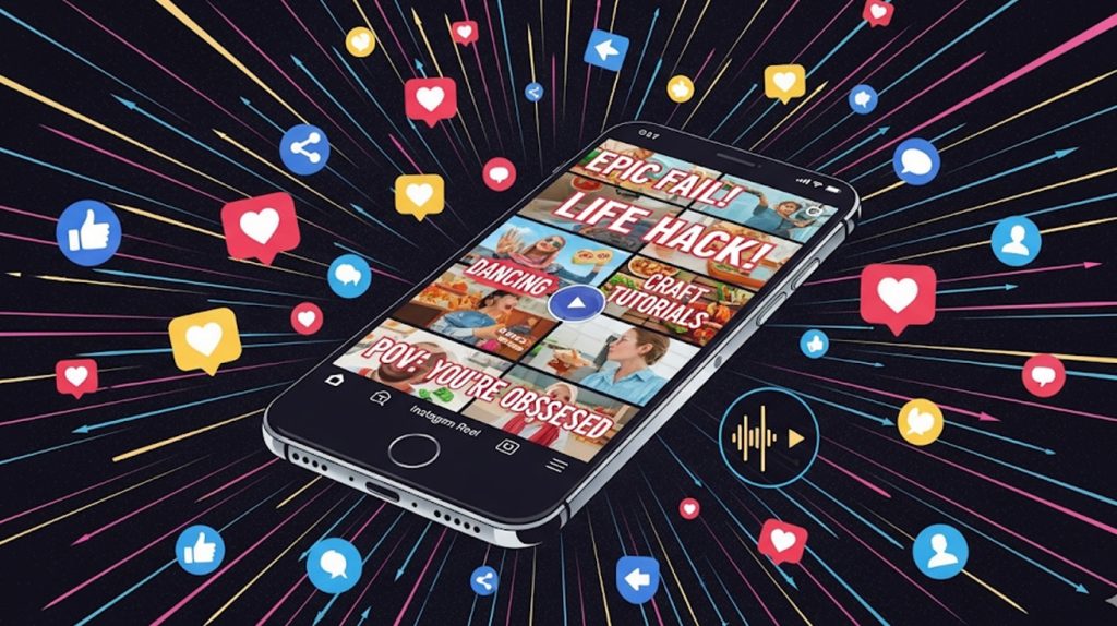 An illustration of an energetic Reel on a phone screen, with visual cues of virality and reach, symbolizing the use of this format to attract a new and massive audience.
