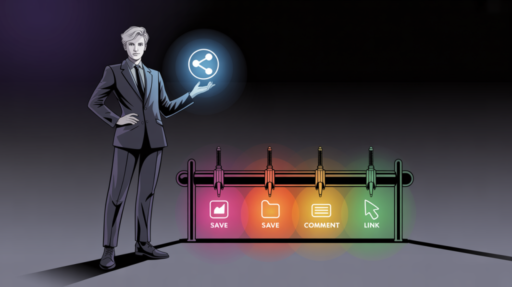 An illustration of a figure at a weapon rack filled with icons for calls to action, representing a strategic arsenal for carousels.