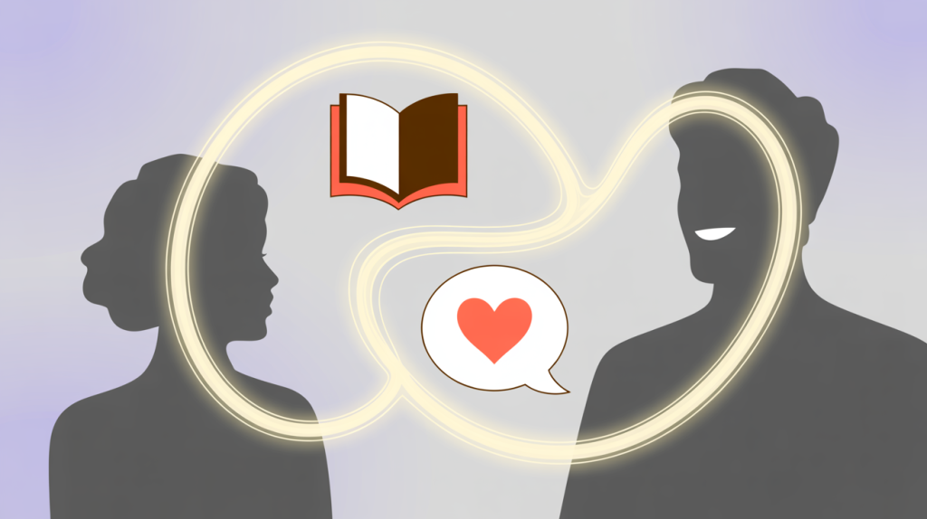 An illustration of a figure with lines flowing to another figure, filled with icons for a storybook and an anecdote, representing the power of making content relatable.