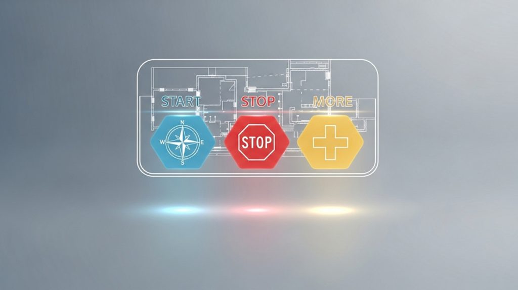 A blueprint illustration with three glowing sections labeled START, STOP, and MORE, symbolizing a strategic framework for Instagram growth.
