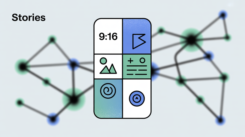An illustration of a vertical rectangle with a "9:16" aspect ratio, with a "safe area" containing icons for text, video, and photos, representing the optimized dimensions for Stories.