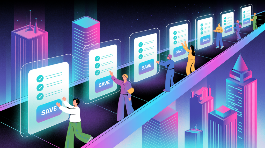 An illustration of figures walking along a conveyor belt and saving glowing icons, representing the creation of a scroll-stopping carousel.