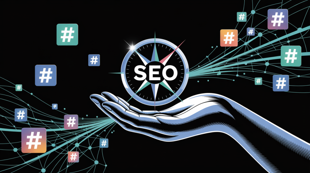 An illustration of a hand using a magnifying glass to navigate a digital network, with keyword icons appearing and hashtag icons floating away, representing the shift from hashtags to SEO.