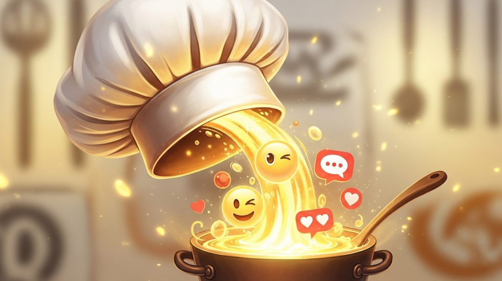 An illustration of a chef's hat with glowing icons for authenticity and community pouring from it, symbolizing how these two elements are the key to building a loyal following.