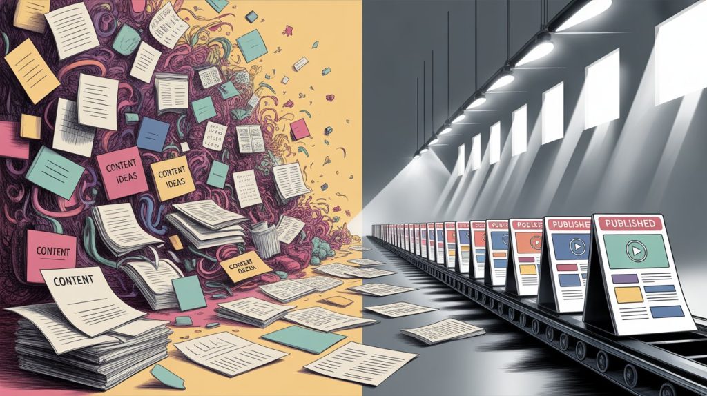 An illustration contrasting a chaotic pile of content ideas on one side with a smooth, organized content assembly line on the other, representing a system for consistent content creation.