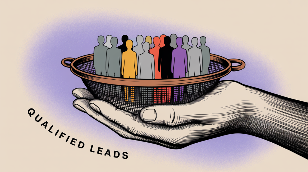 An illustration of a hand holding a sieve that filters figures, with only some passing through, representing the act of qualifying prospects.