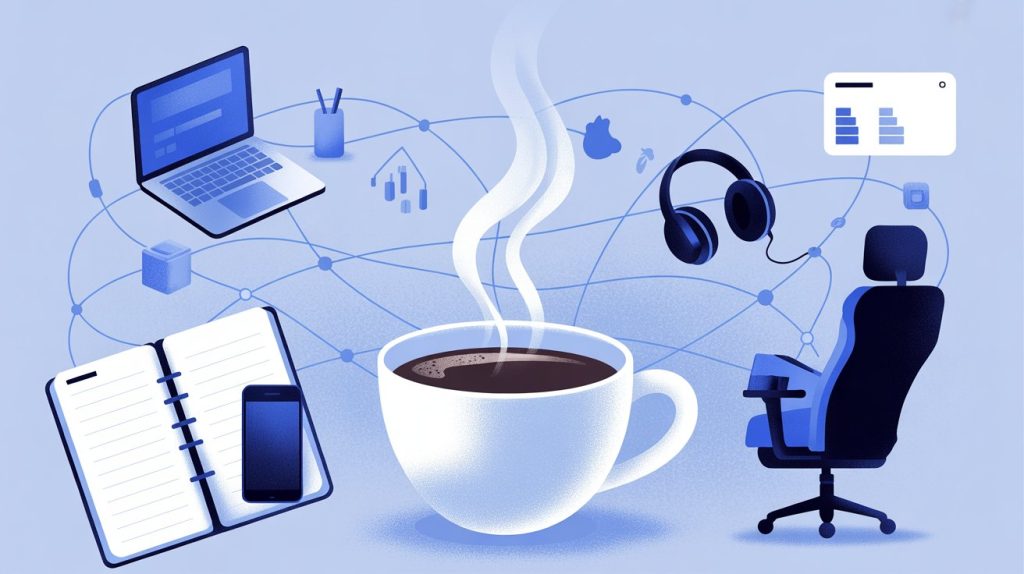 An illustration of a stylized workspace with a person surrounded by a steaming coffee cup, a planner, a smartphone, headphones, a laptop, and an ergonomic chair, all connected by a digital network.