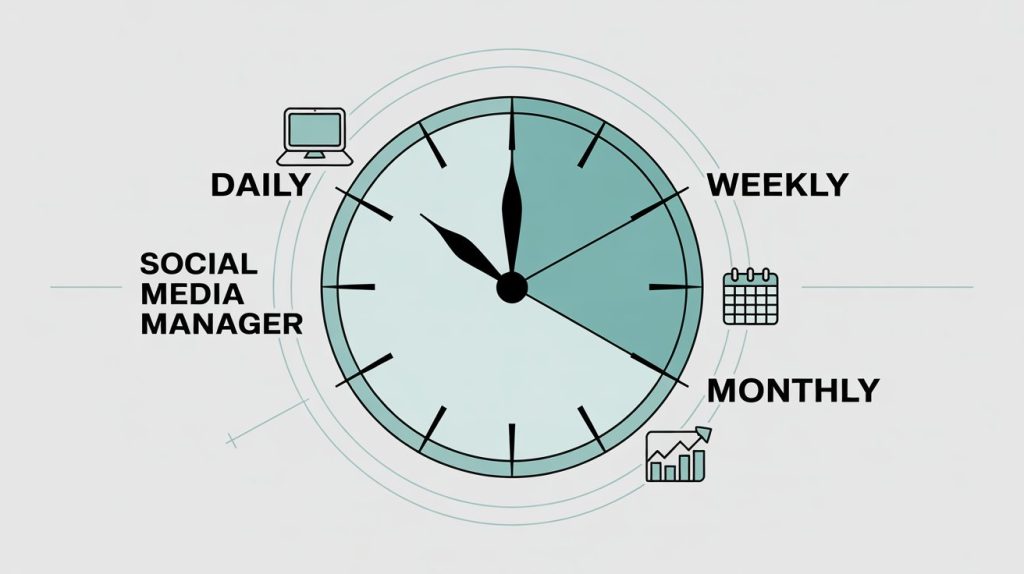 An illustration of a stylized clock with three sections for daily, weekly, and monthly tasks, representing an organized routine for a social media manager.