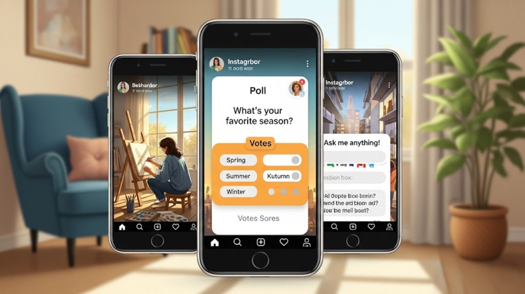 An illustration of a phone screen showing a series of Instagram Stories with engagement stickers like polls and questions, symbolizing authentic connection and community building.