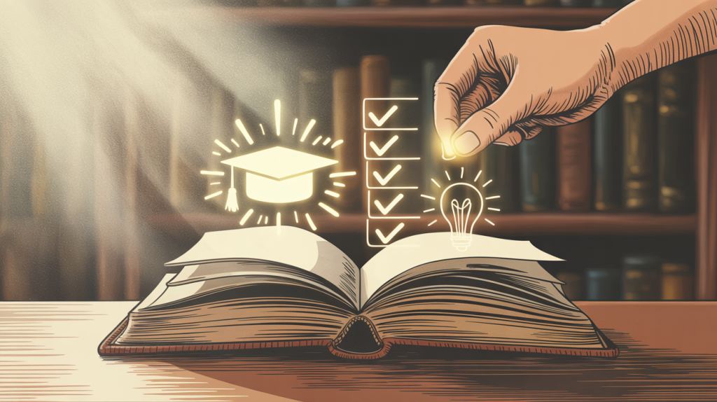 An illustration of an open book with glowing icons representing a lesson and a hand placing checklist icons, representing the act of providing value.