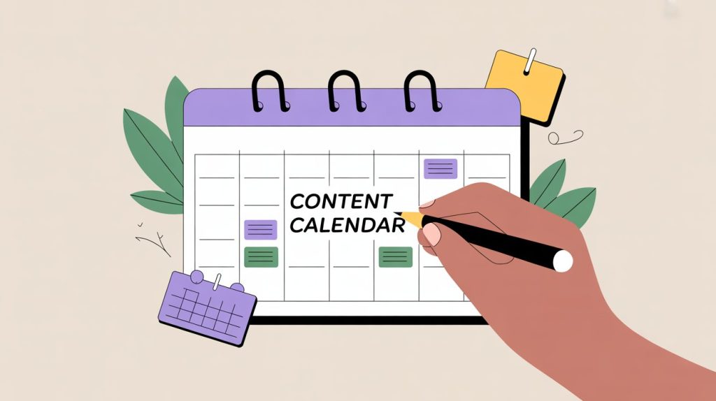 An illustration of a hand writing on a planner with a content calendar, representing a strategic command center for content planning.
