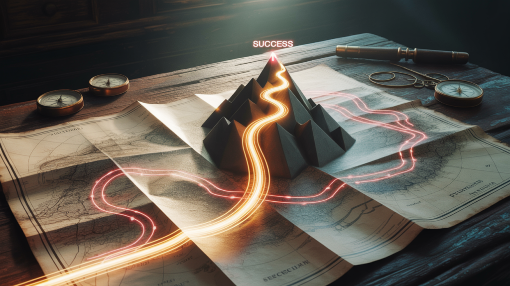 An illustration of a road map with mistakes and setbacks marked on it, with a clear, glowing path leading to success, representing the strategic use of negative experiences.