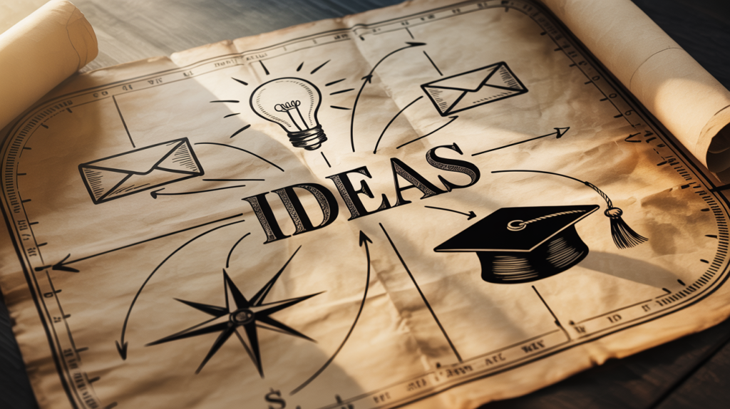 An illustration of a strategic map with icons for a lightbulb, an envelope, and a graduation cap, representing tools for ideas, email, and education.