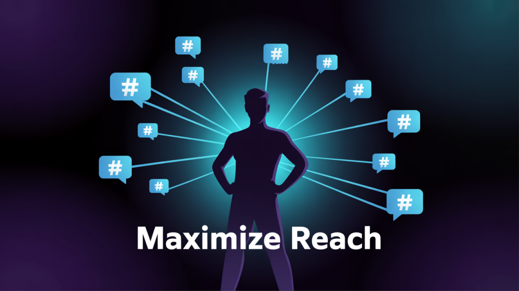 An illustration of a figure with glowing lines flowing to other figures and icons for mentions and hashtags, representing how these features maximize reach.
