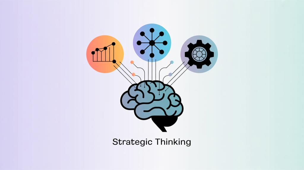 An illustration of a brain connected to icons for data, analytics, and engineering, representing strategic and technical skills.