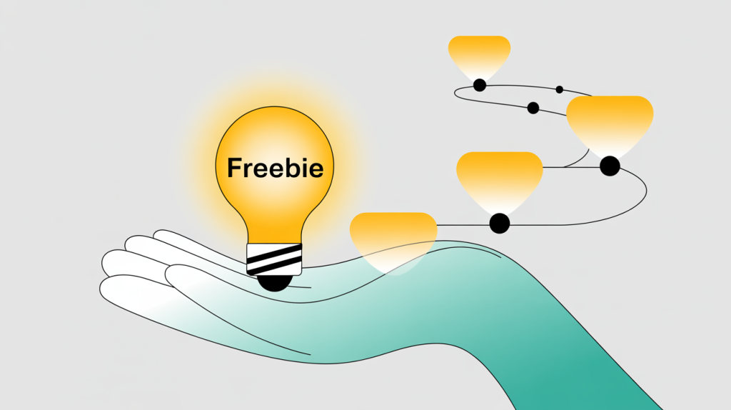 An illustration of a hand giving a glowing gift icon to an audience, representing the first step in a sales funnel with a free training offer.
