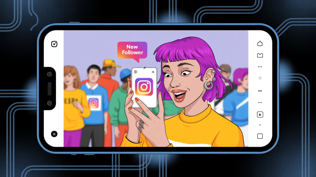An illustration of a smartphone screen with a Reels interface, with figures in the background and a "new follower" icon being captured, representing the top of the funnel.