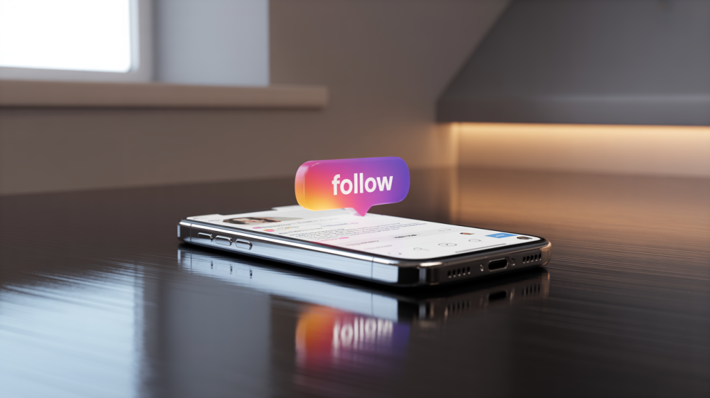 An illustration of a smartphone screen with a highlighted bio and a glowing follow button, representing why people follow on Instagram.