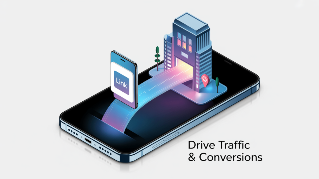 An illustration of a smartphone with a "Link" icon acting as a bridge to a digital building with a "Location" pin, representing how stories drive traffic and conversions.
