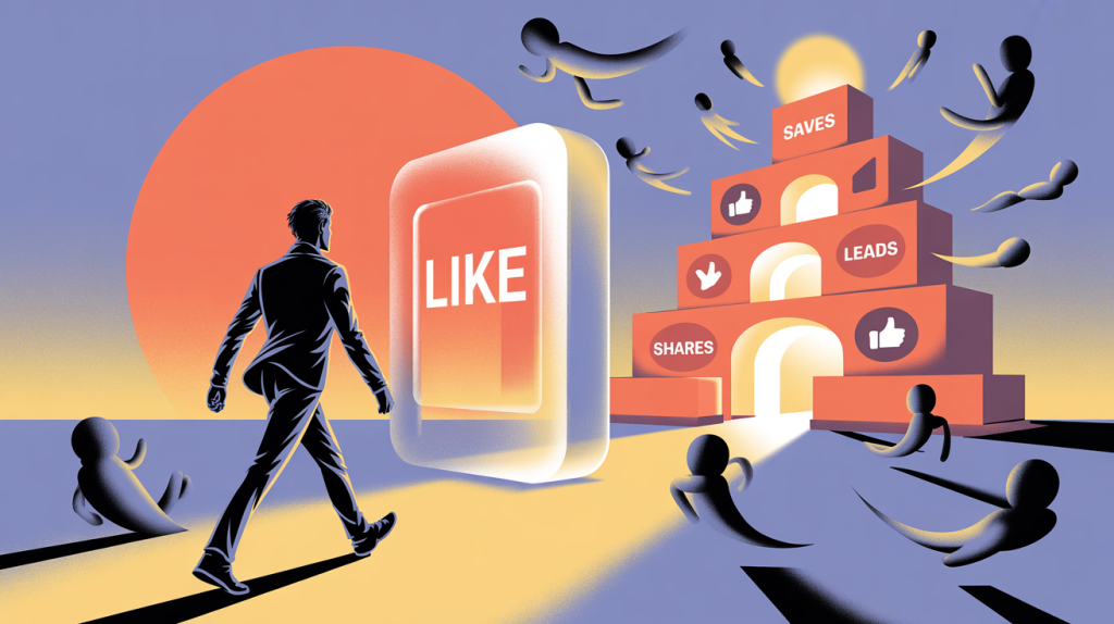 An illustration of a figure walking away from ghost metrics like likes and followers towards a fortress of saves, shares, and leads.