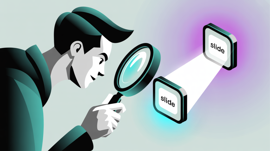 An illustration of a magnifying glass moving from focusing on one slide to focusing on two, representing the importance of a two-slide hook for carousels.