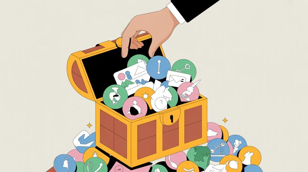 An illustration of a hand opening a treasure chest that is overflowing with icons representing different content ideas, to symbolize a complete toolkit for content creation.