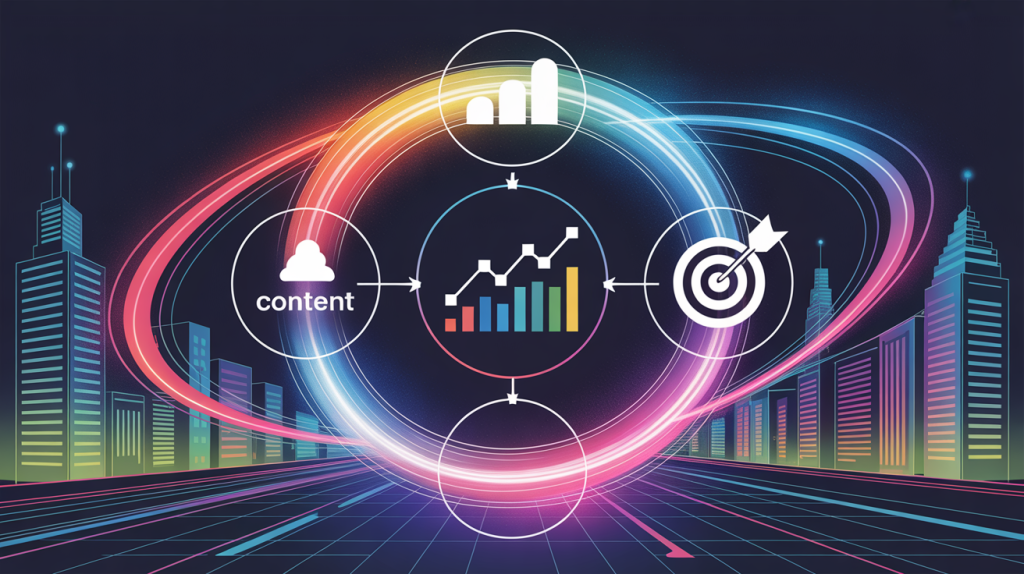 An illustration of a cyclical feedback loop with icons for content, analysis, and a graph, representing the use of data to inform strategy.