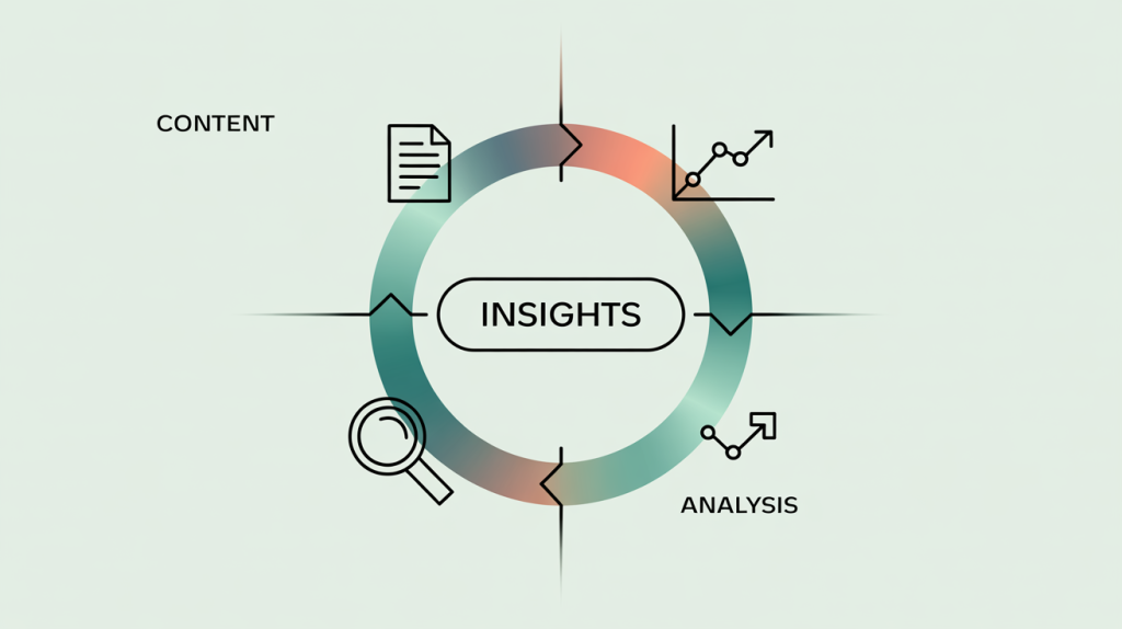 An illustration of a cyclical feedback loop with icons for content, analysis, and a graph, representing the use of data to inform strategy.