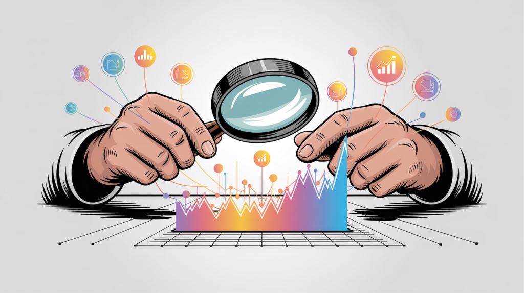 An illustration of a hand holding a magnifying glass over data points and a graph, with icons being optimized, representing the process of leveraging data for growth.